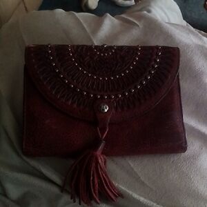 Patricia Nash Burgundy Leather Embossed Clutch with Tassel